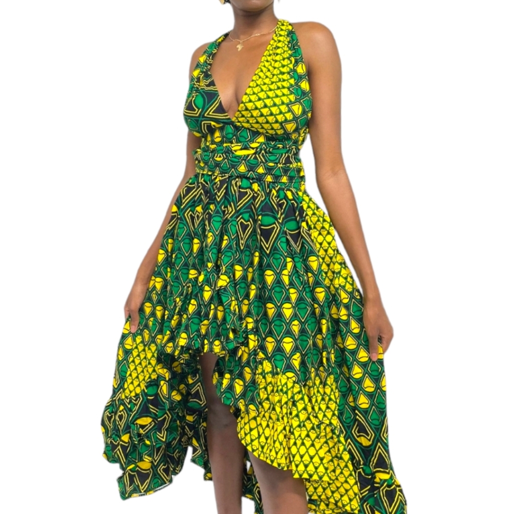 Vibrant Green and Yellow Ankara African print Maxi Dress